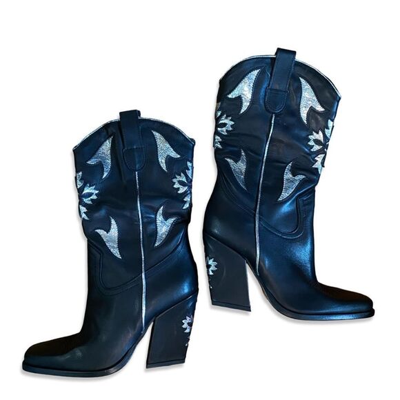 Free People Sz 10 Sparks Fly Western boots black silver leather cowboy cowgirl - Picture 5 of 13